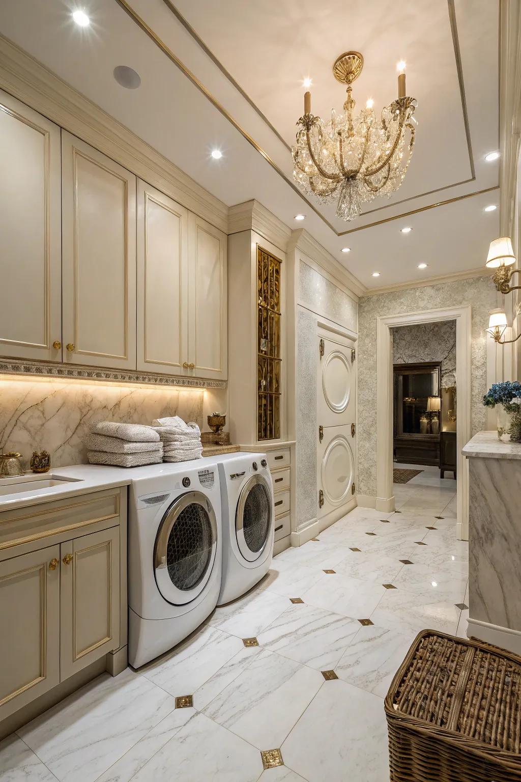 Marble tiles add elegance and sophistication to the laundry room.