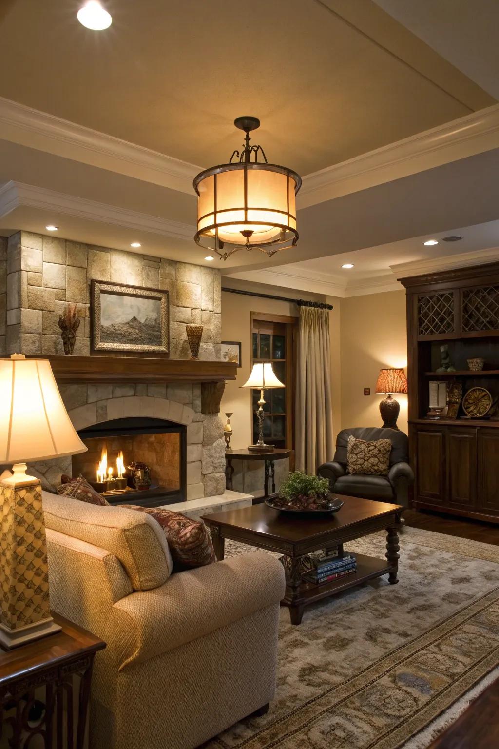 Strategic lighting enhances the ambiance around the fireplace.