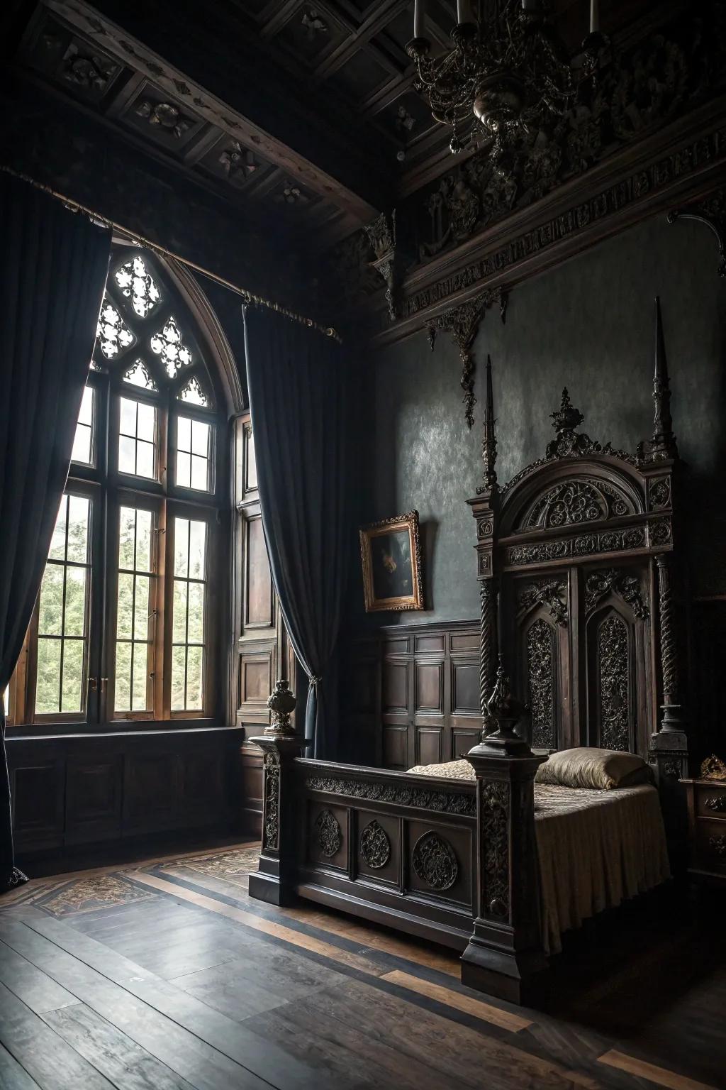 Gothic details add mystery and drama to this romantic black bedroom.