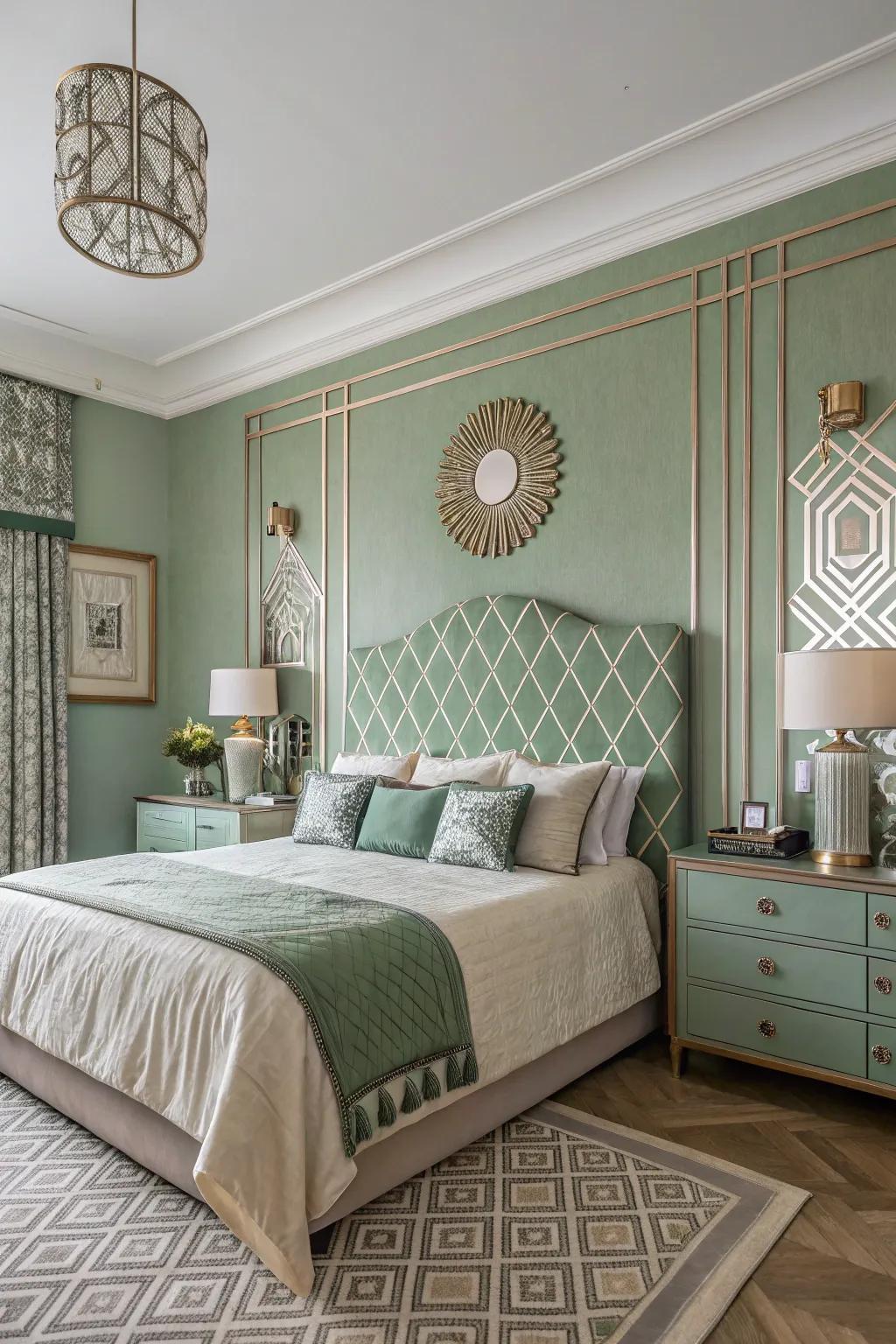 Art Deco elements with sage green create a chic, glamorous bedroom.