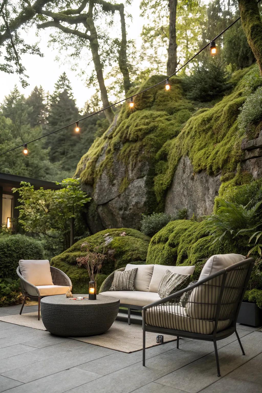 A snug patio showcasing a lush lichen rock foundation.