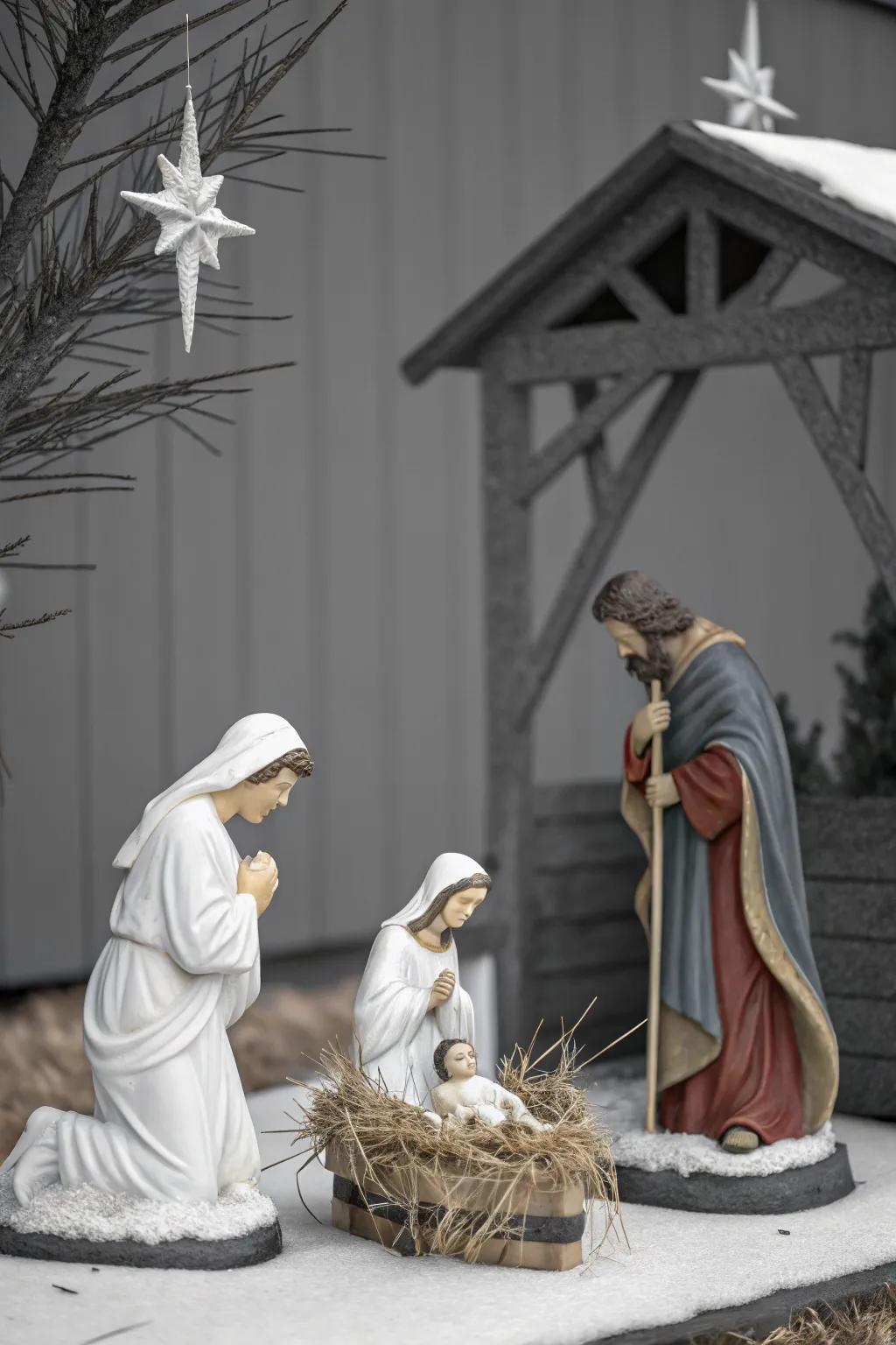 A minimalist backdrop emphasizes the elegance of the nativity scene.