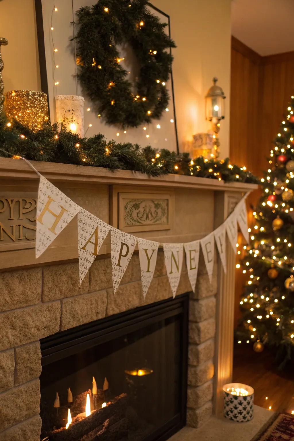 A glittering fireplace decor brings warmth and sparkle to the festivities.