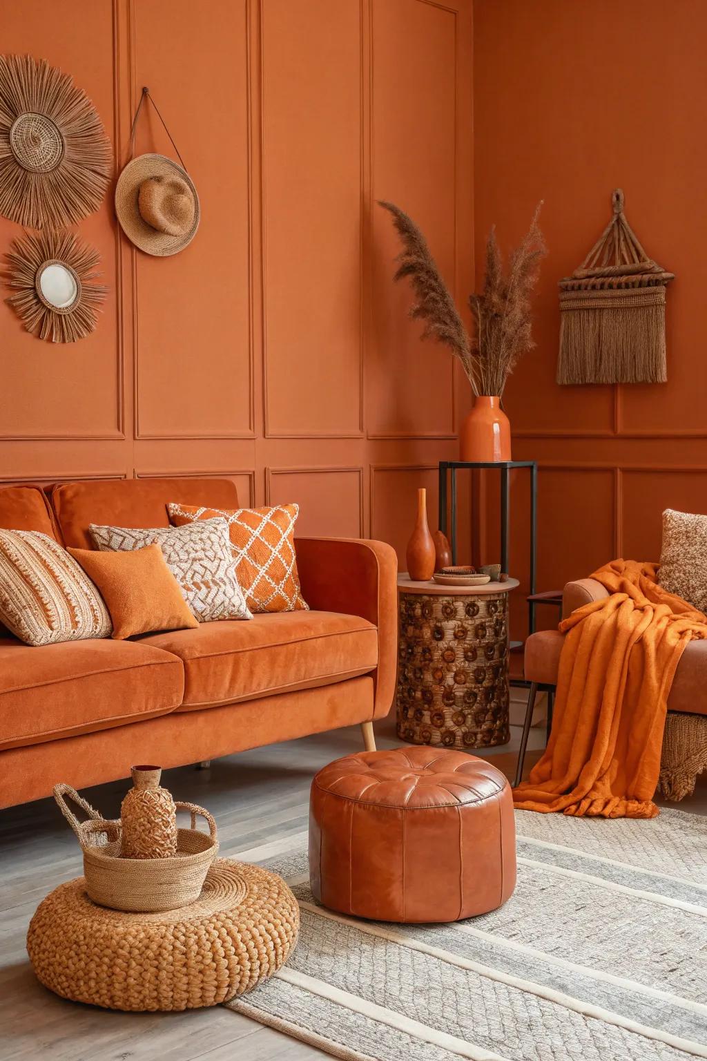 A monochromatic orange scheme creates a bold and inviting space.