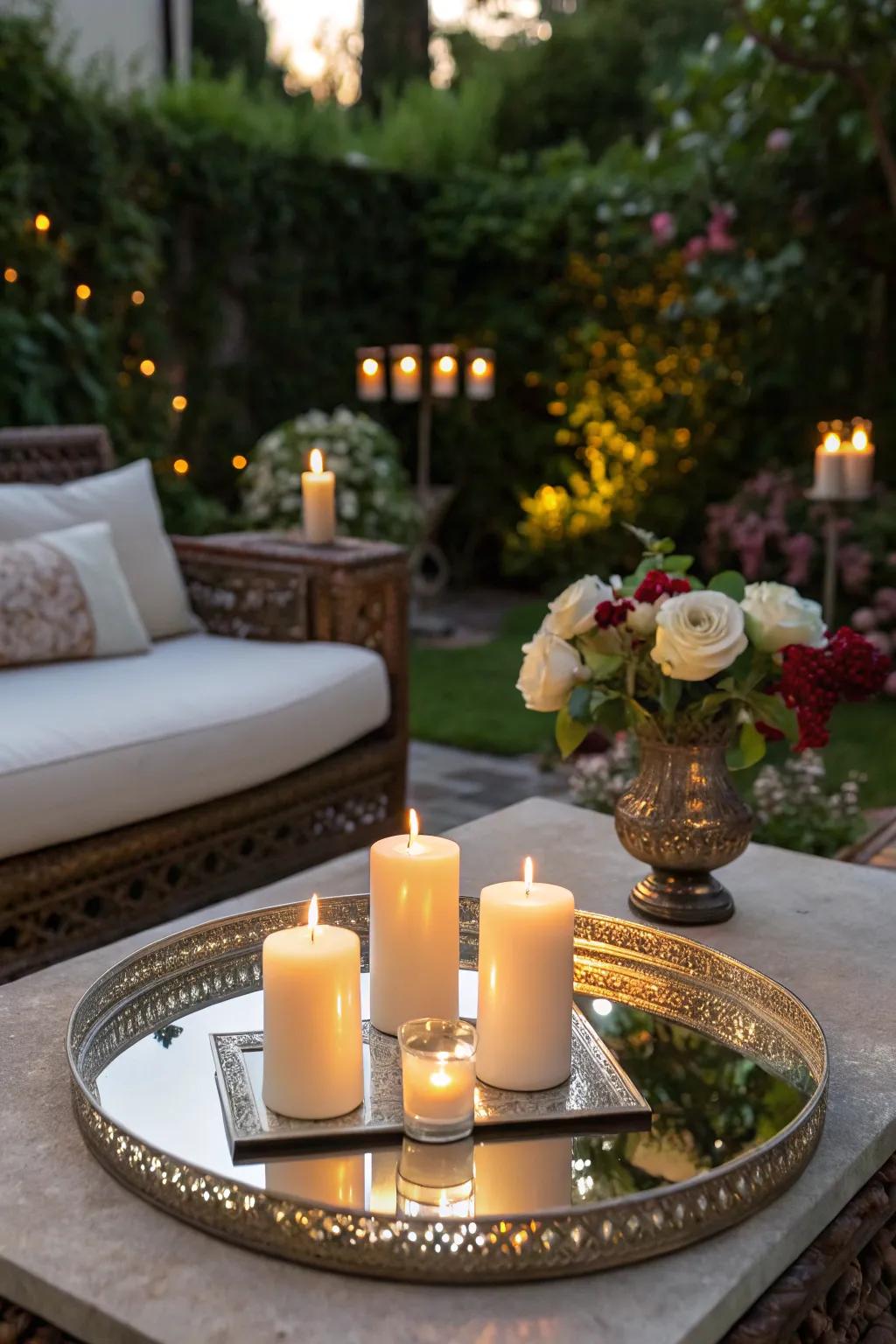 Mirrored trays enhance candlelight and create a luxurious effect.