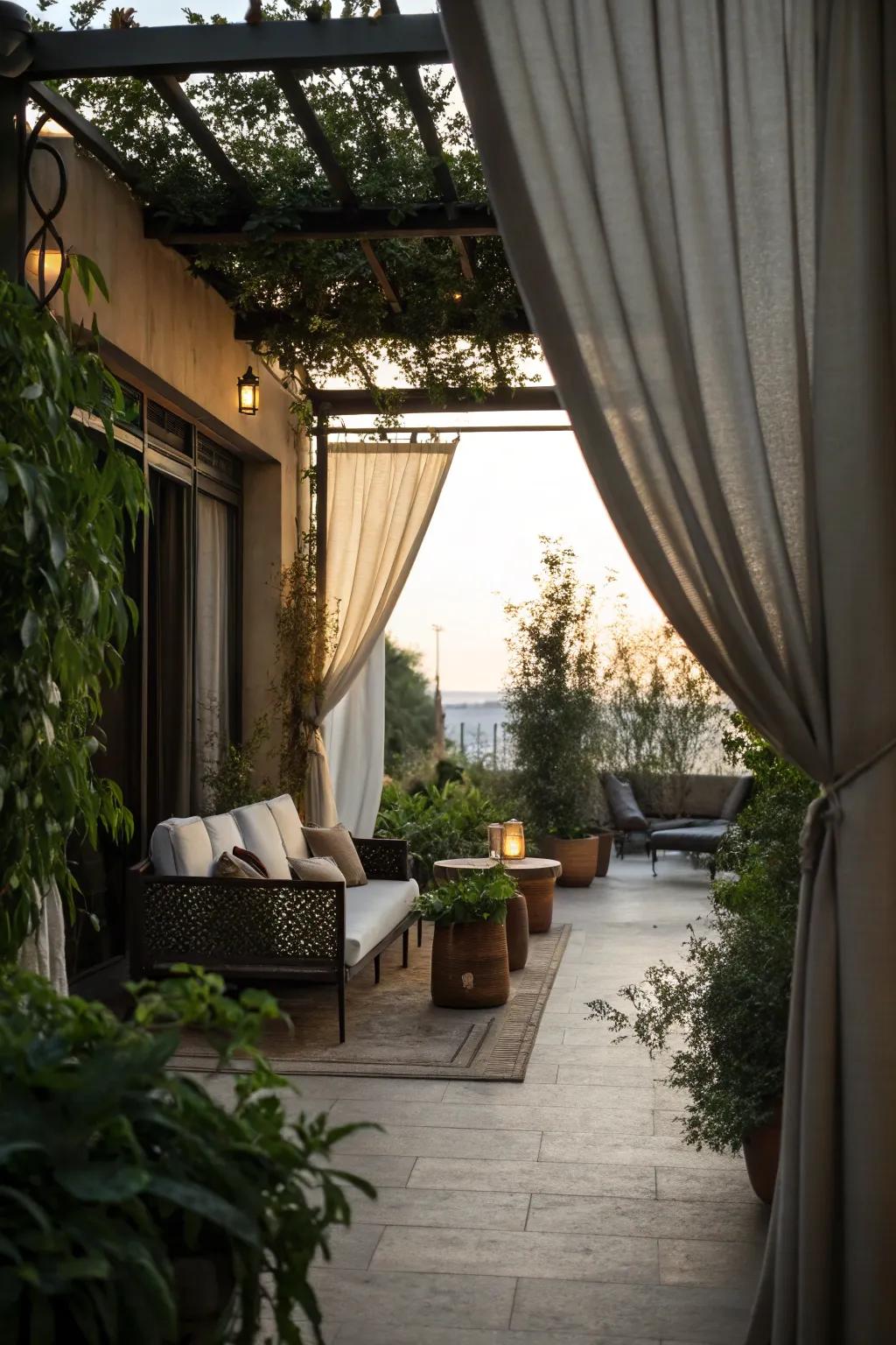 Outdoor curtains add privacy and a cozy vibe.