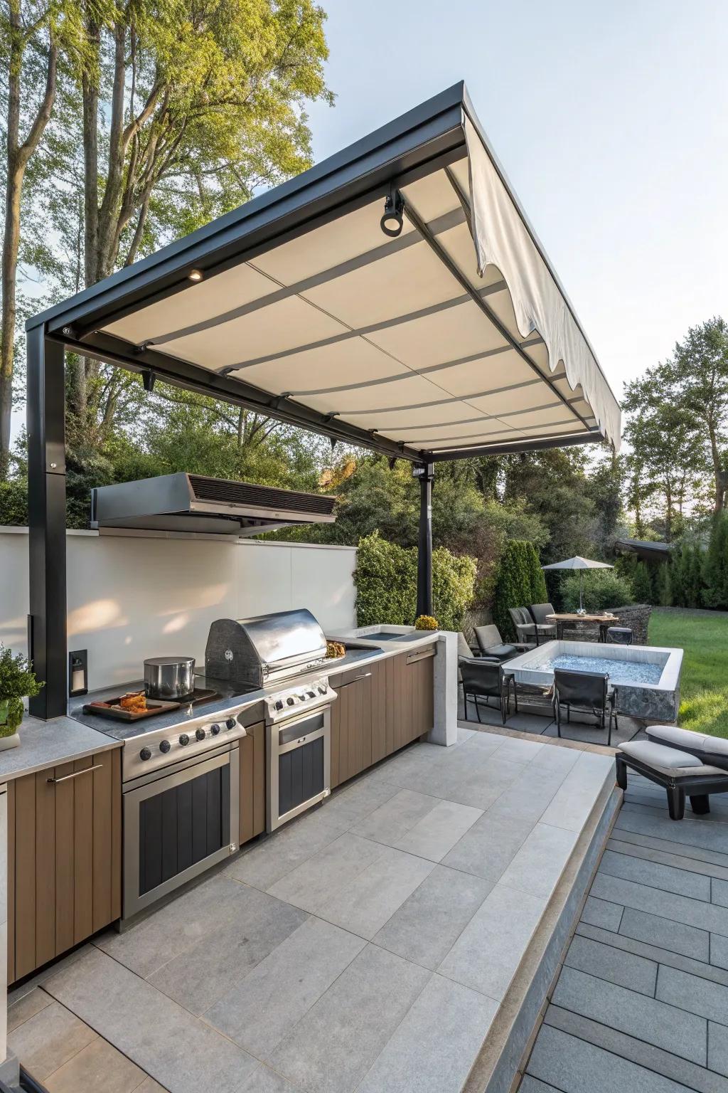 Retractable awnings offer flexible shade solutions.