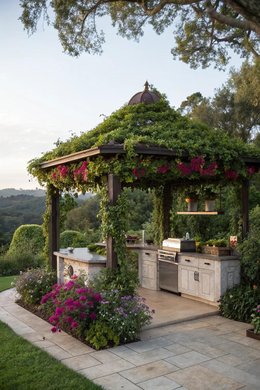 Create a refreshing retreat with a lush greenery pavilion.