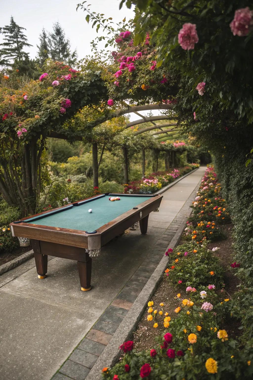 A pool table along a scenic garden pathway.