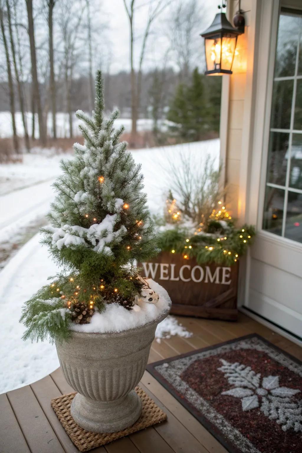 Miniature trees create a cozy forest feel.