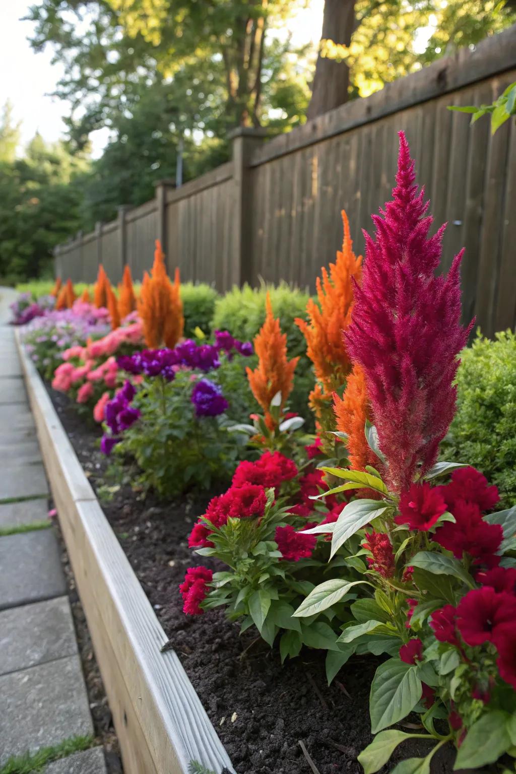 Celosia's showy spikes add unique contrast to vibrant petunias.