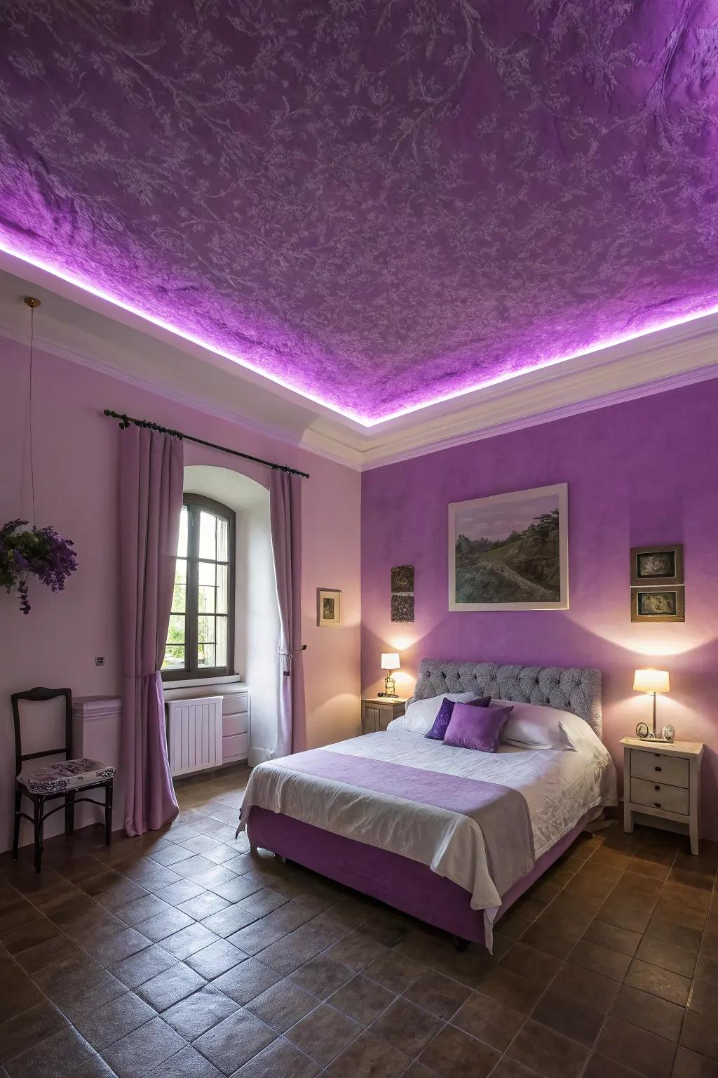 A theatrical violet ceiling enhancing the overall room design.
