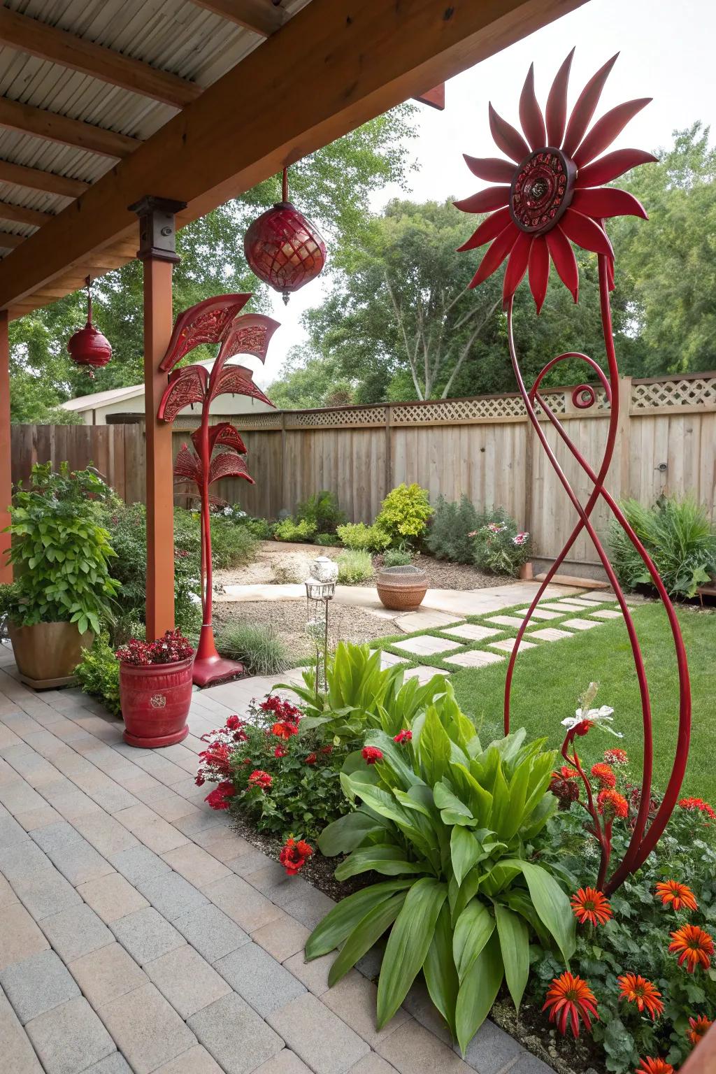 Red sculptures add personality and flair to the patio.