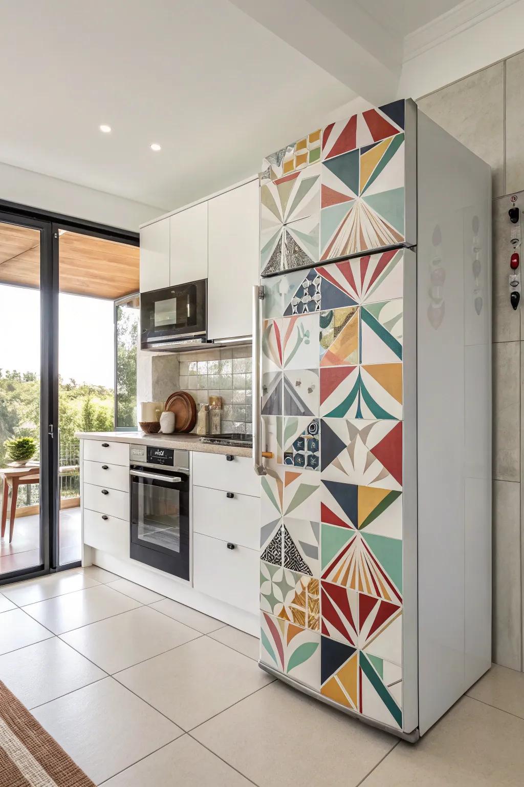 Geometric patterns around the refrigerator add visual interest and sophistication.