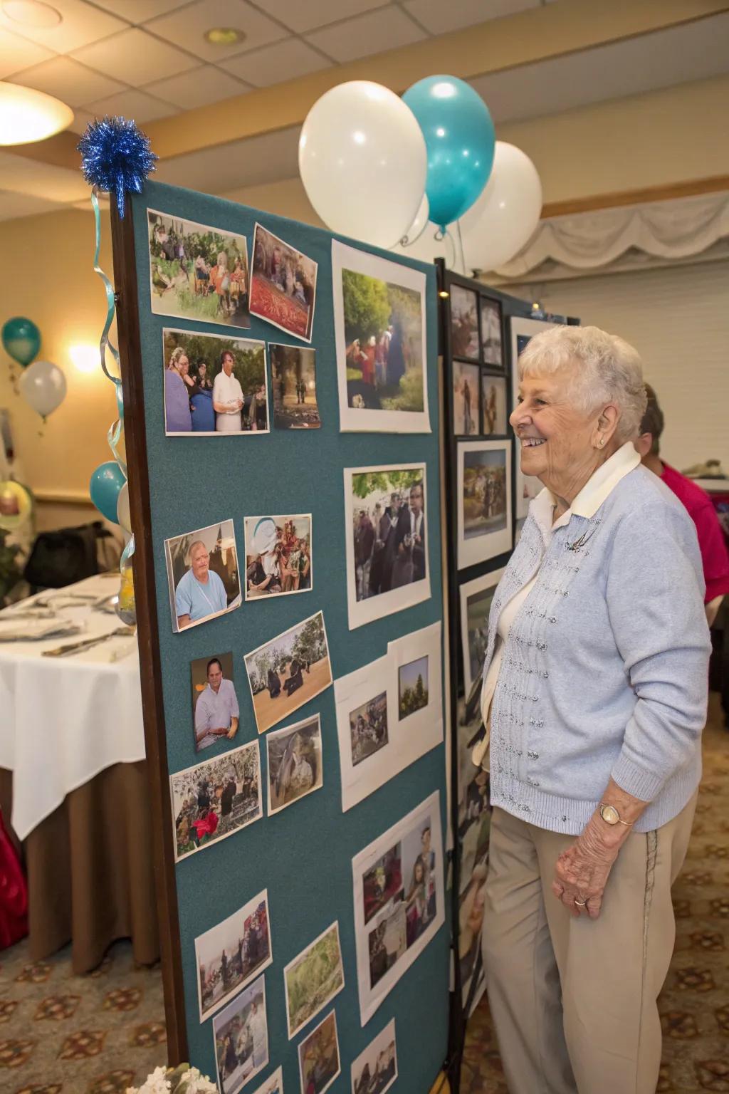 A photo wall showcases a visual journey of the retiree's life.