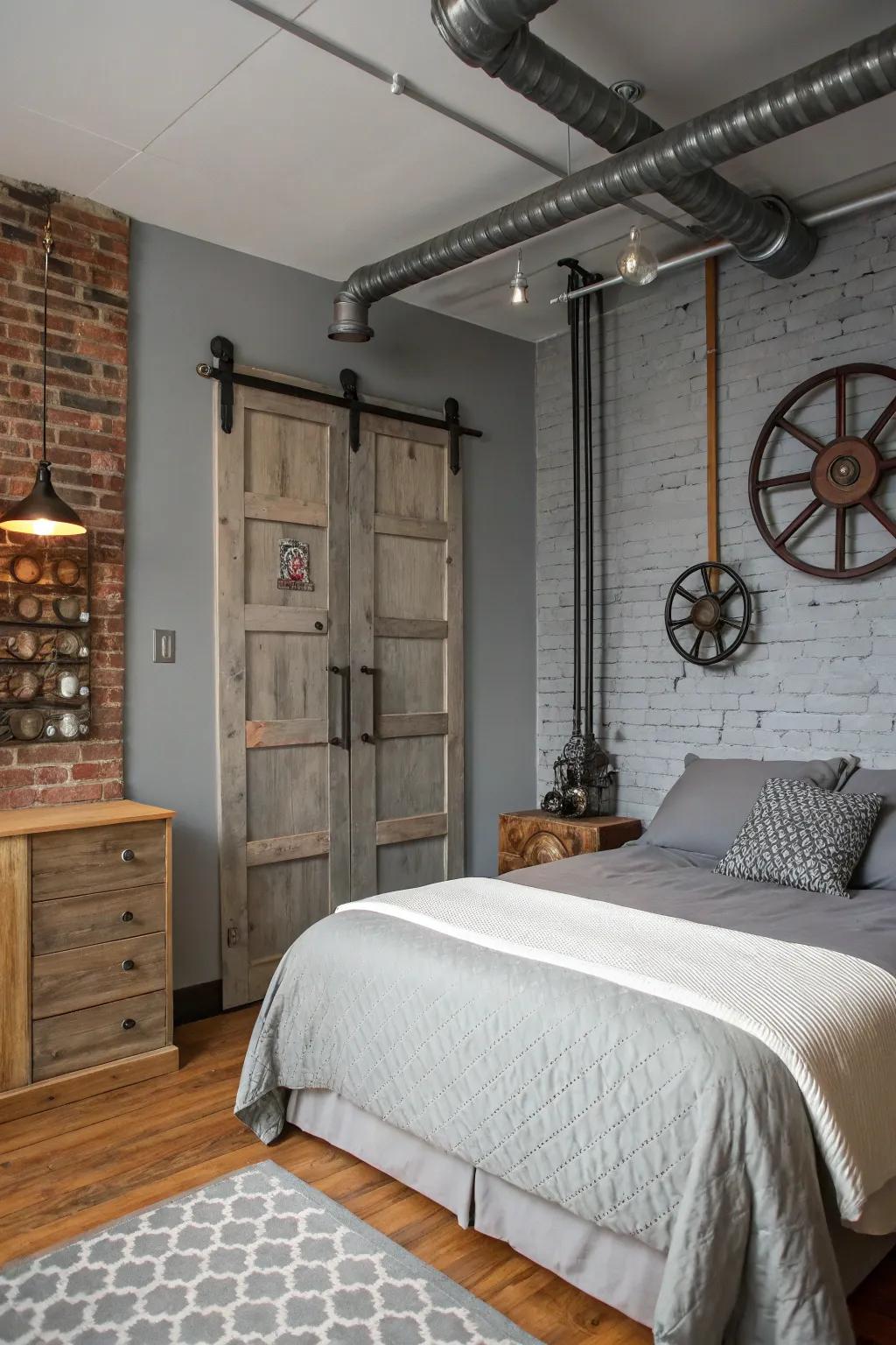 Industrial elements add an edge to a Revere Pewter bedroom.