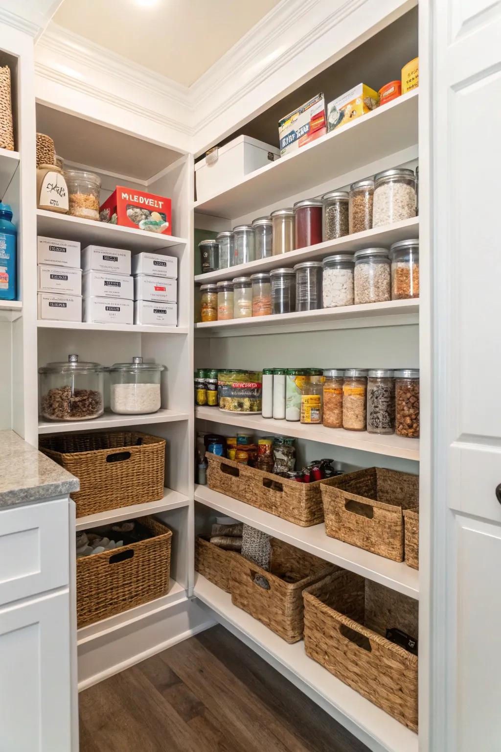 Pantry featuring adjustable shelves for versatile storage.