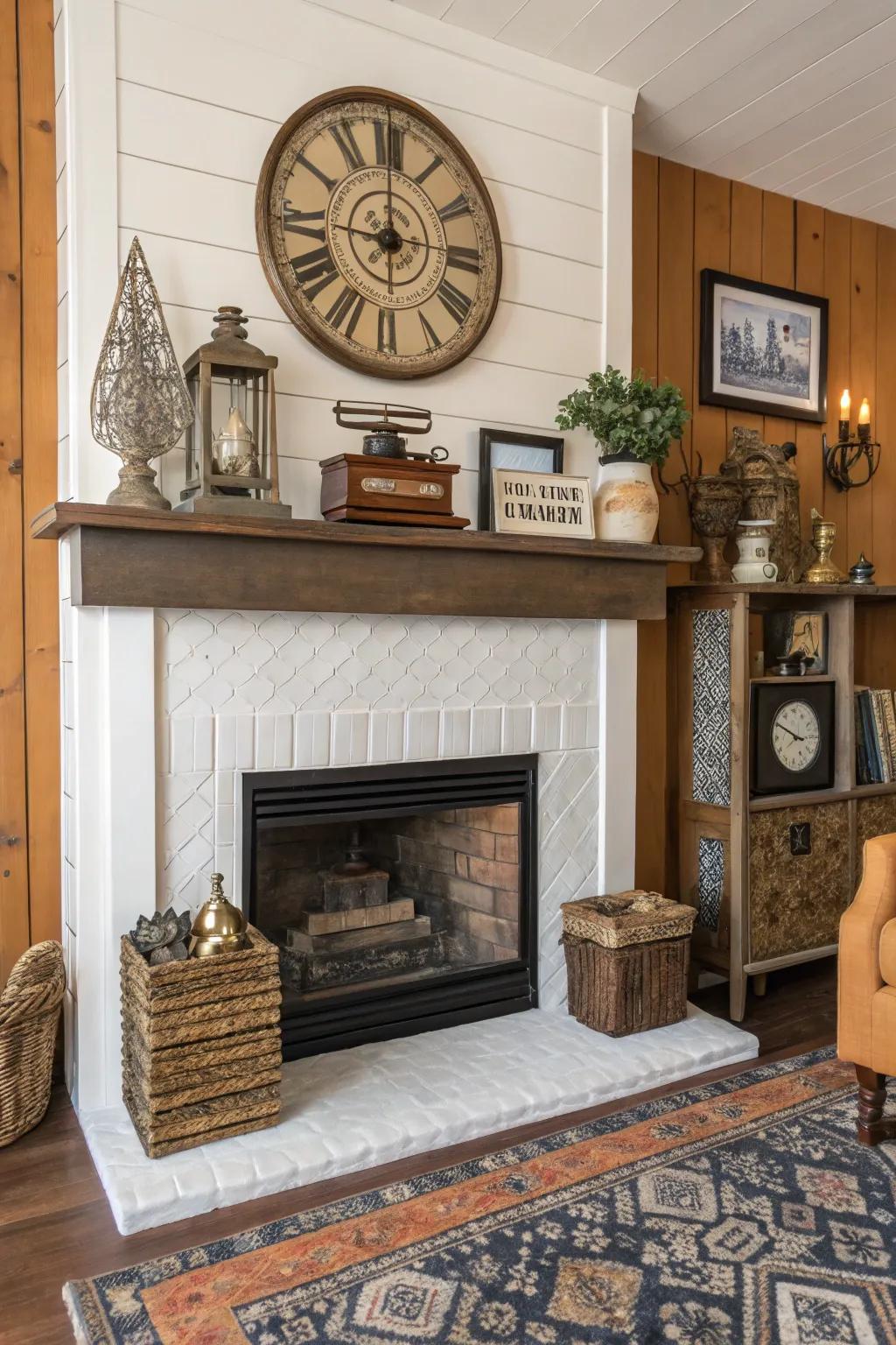 Eclectic shiplap fireplace blends tradition and modernity creatively.