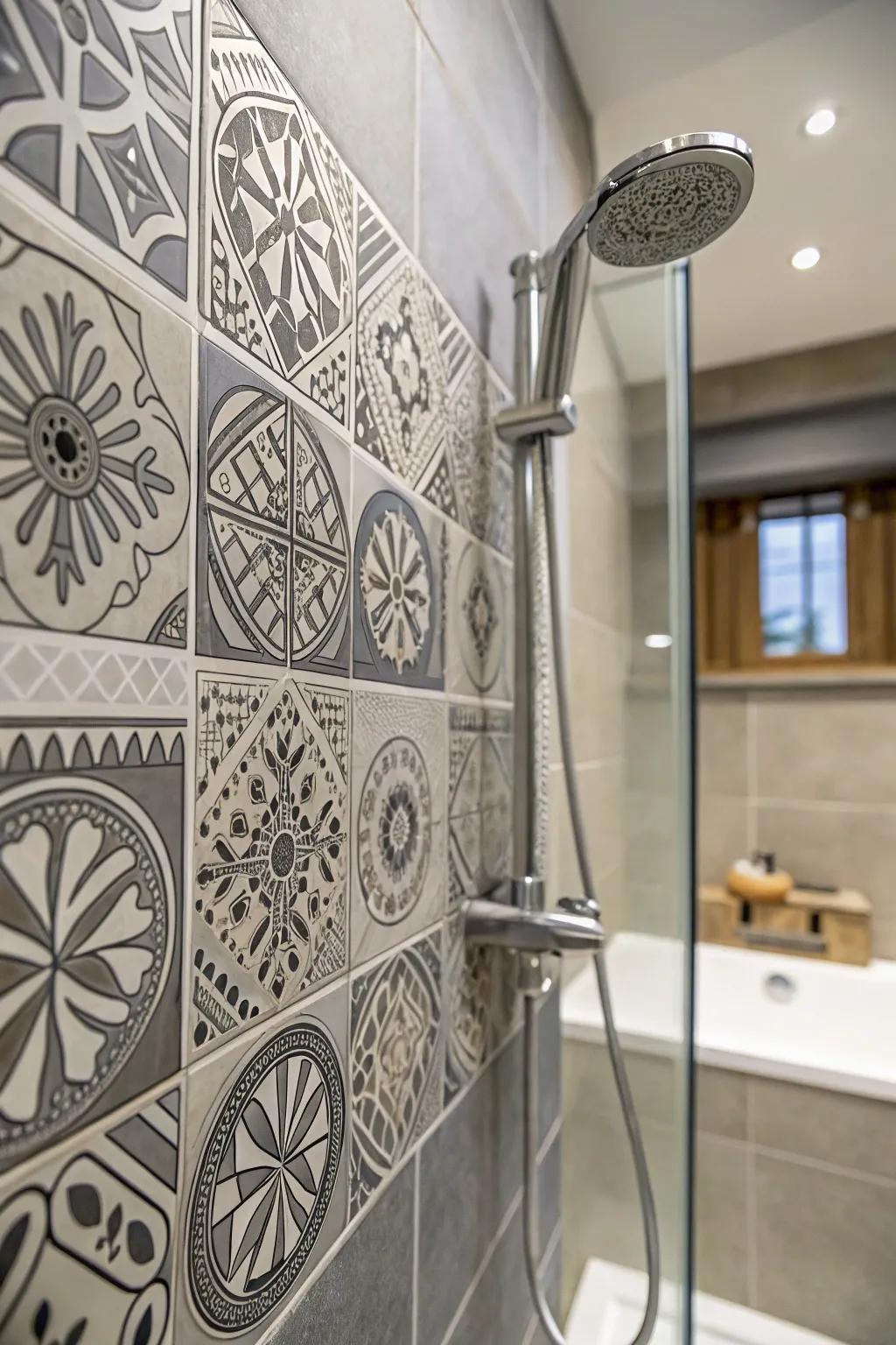 Glamorous art deco influences with grey tiles.