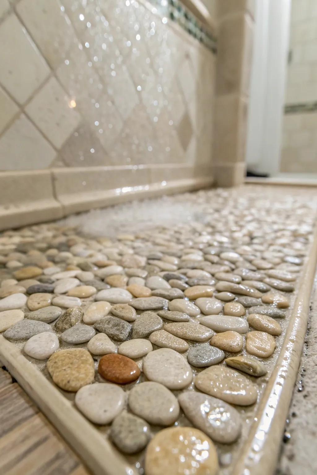 Pebble tiles create a natural, spa-like atmosphere.