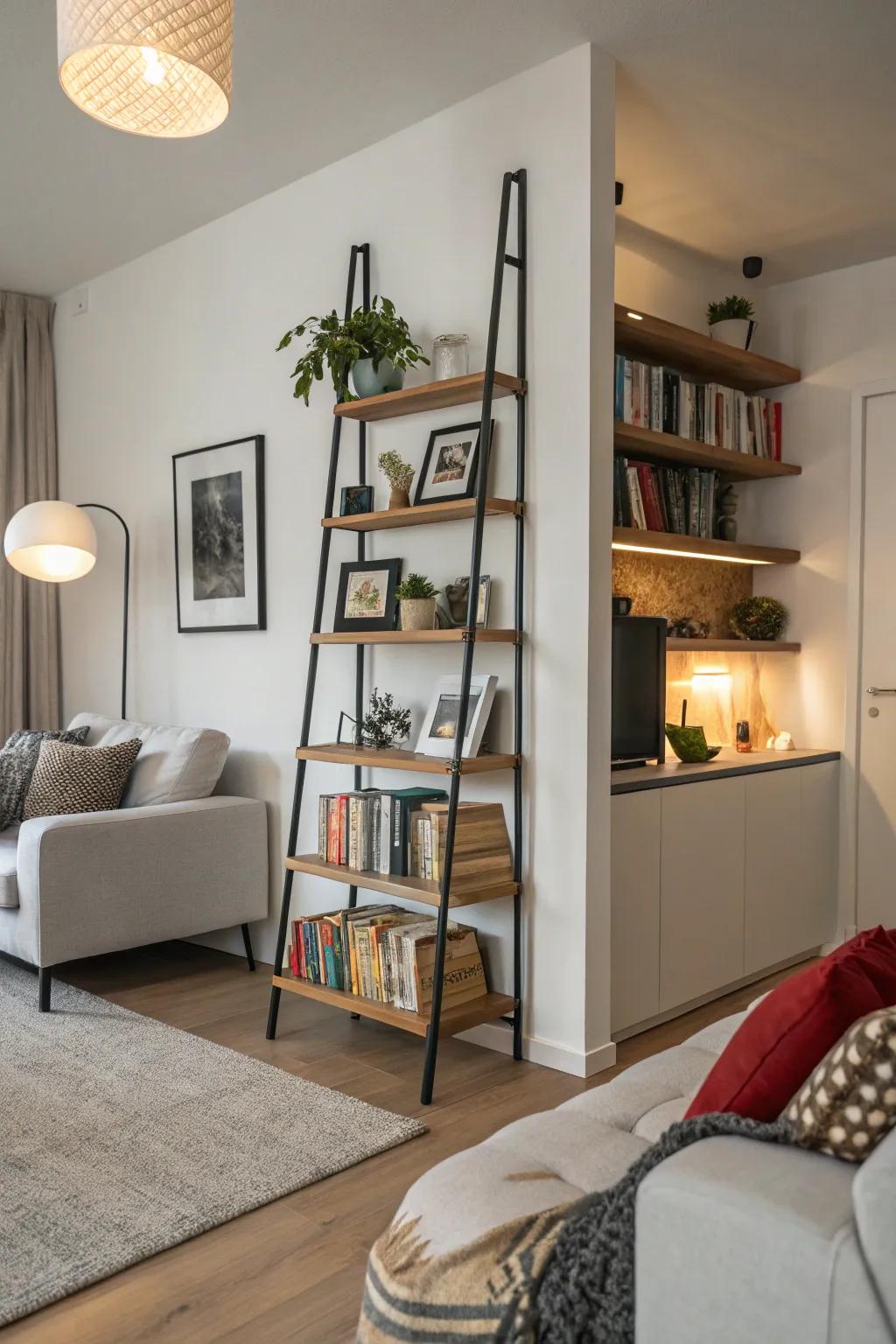 Leaning bookshelves offer casual elegance and efficiency.