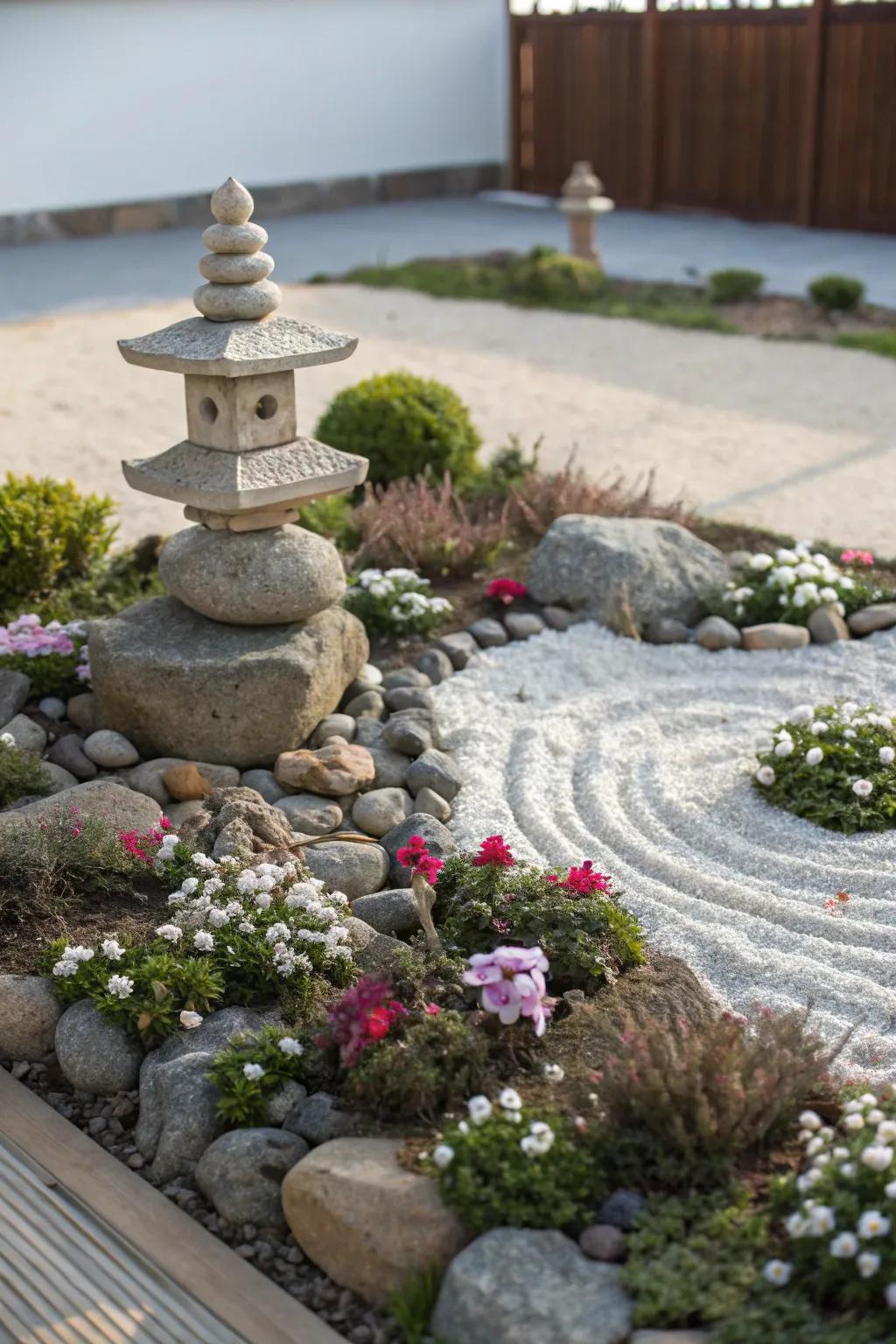 A tranquil small flower bed featuring minimalist Zen garden elements.