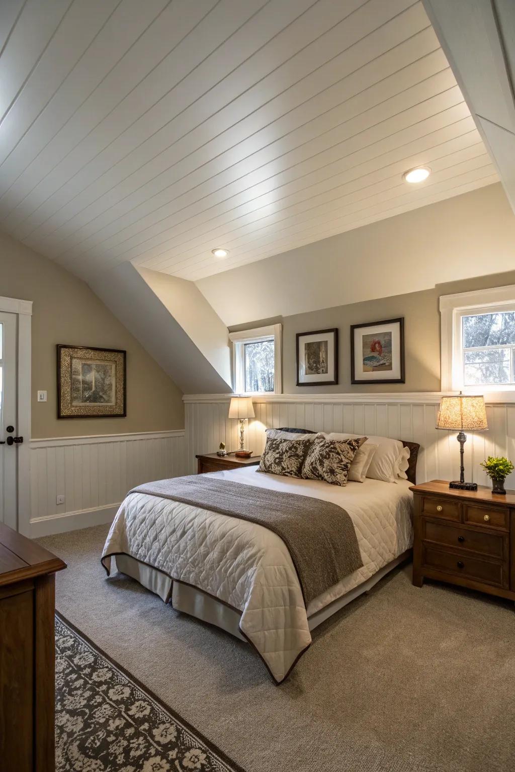 A lighter ceiling contributes to a sense of height within a small master bedroom.