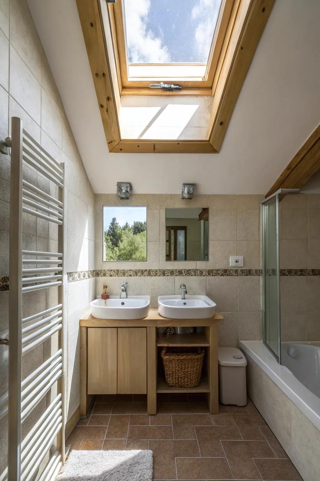 A skylight bathes this small bathroom in natural light.