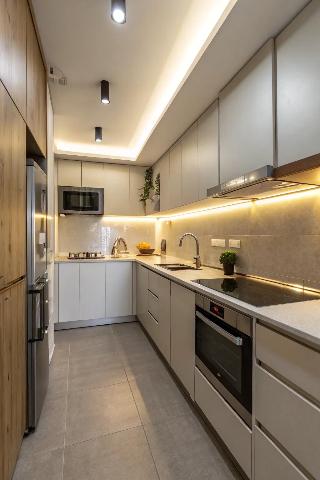 Under-cabinet lighting brightens up small kitchen workspaces.