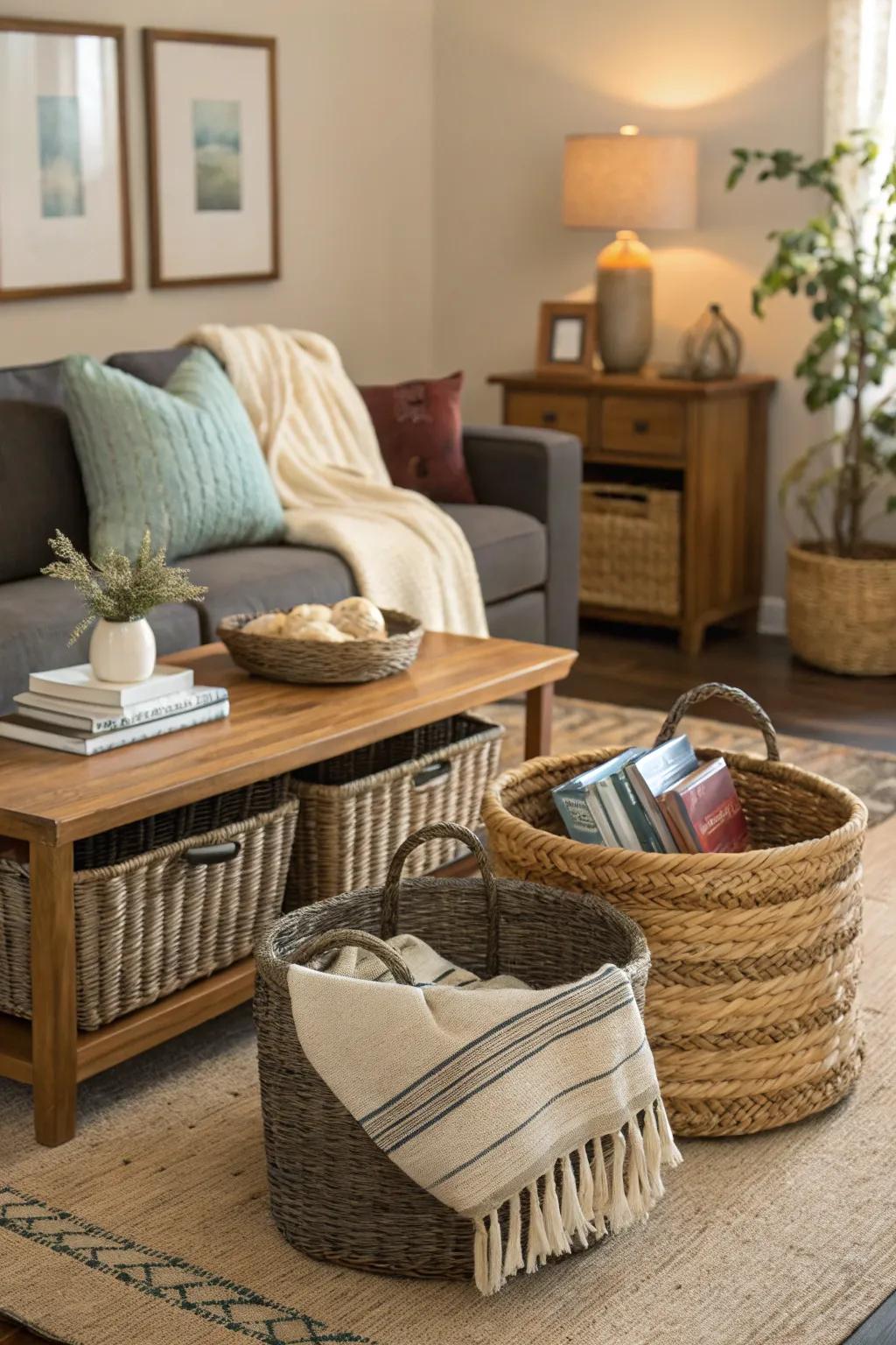 Woven baskets offer stylish storage that complements spring decor.