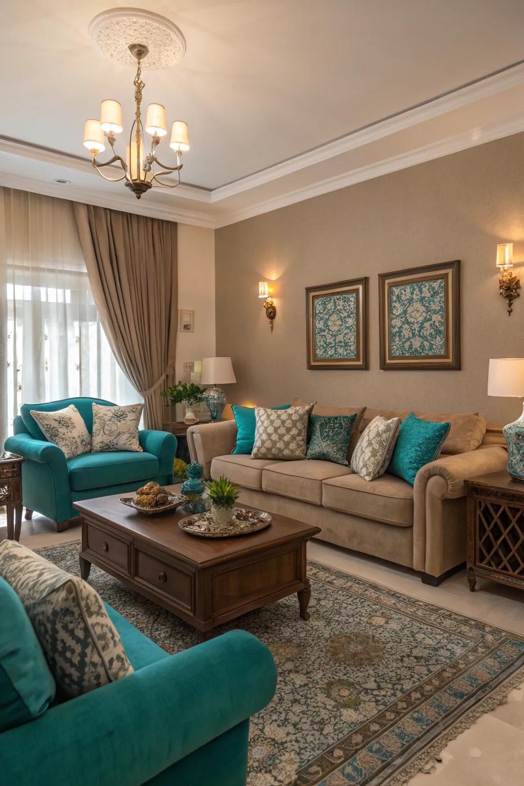 Teal paired with warm taupe creates a subtle and sophisticated atmosphere.