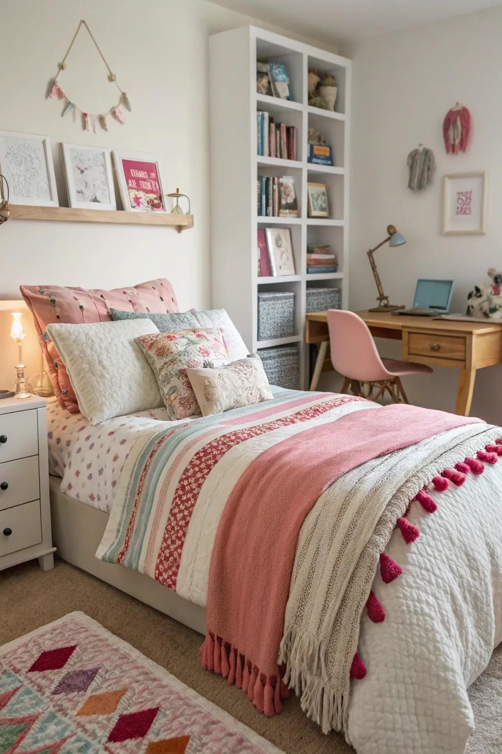 Layered textiles add comfort and introduce textures in a teen girl's room.