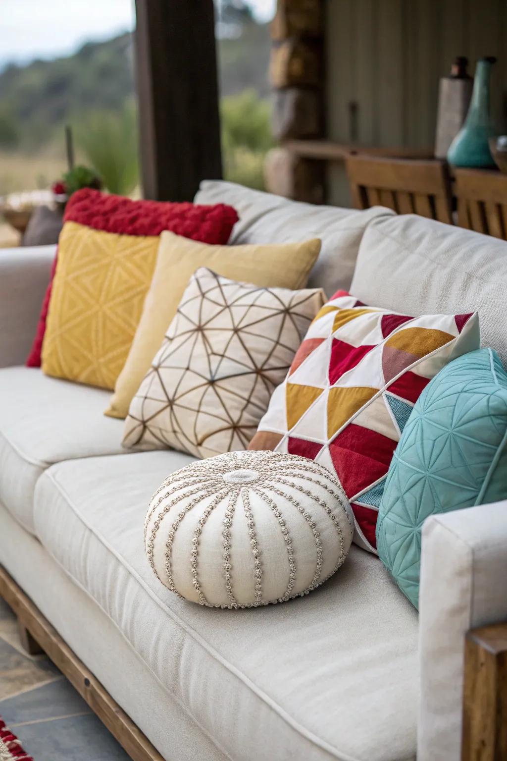 A playful and creative mix of pillow shapes adding interest to the decor.