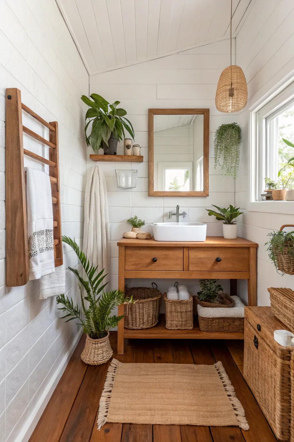 A white bathroom enhanced by the warmth of wood elements and natural decor.