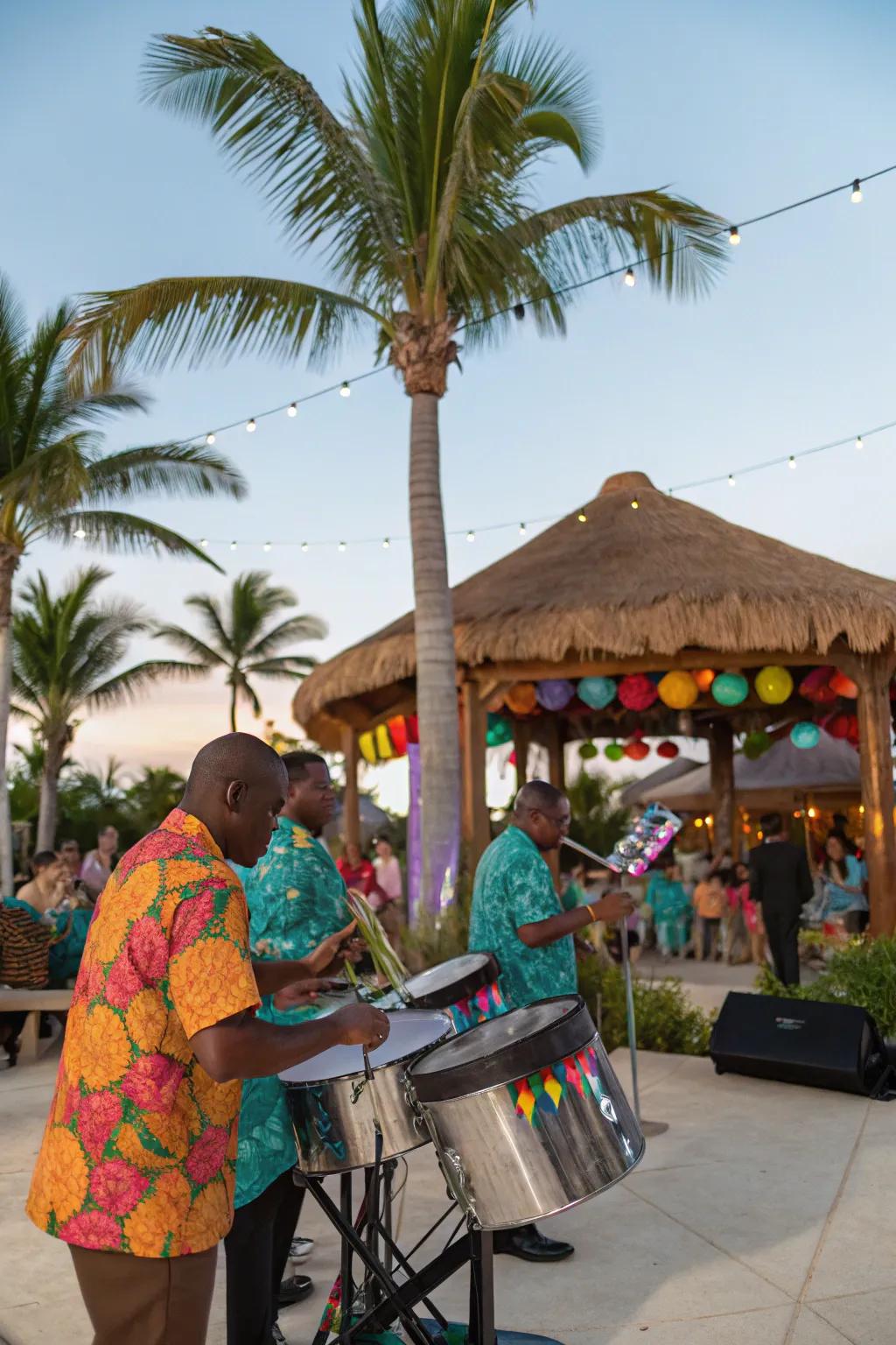 Live music from a steel drum band sets the mood.