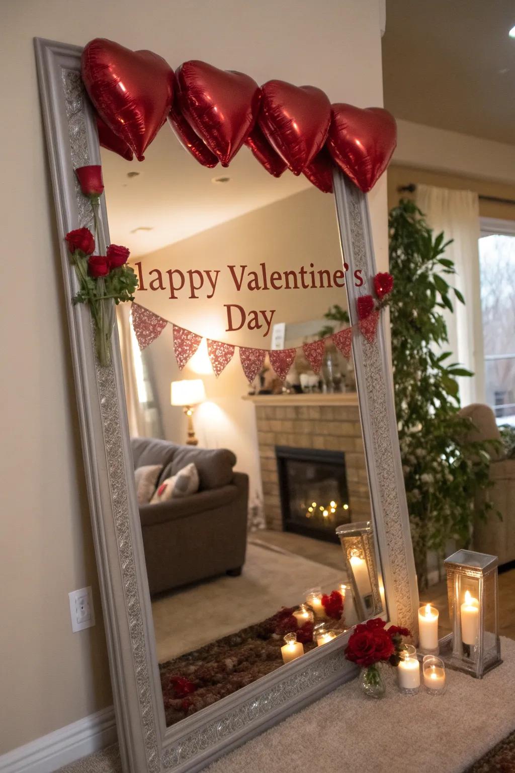 Elegant mirrors brighten and expand the Valentine's mantel.