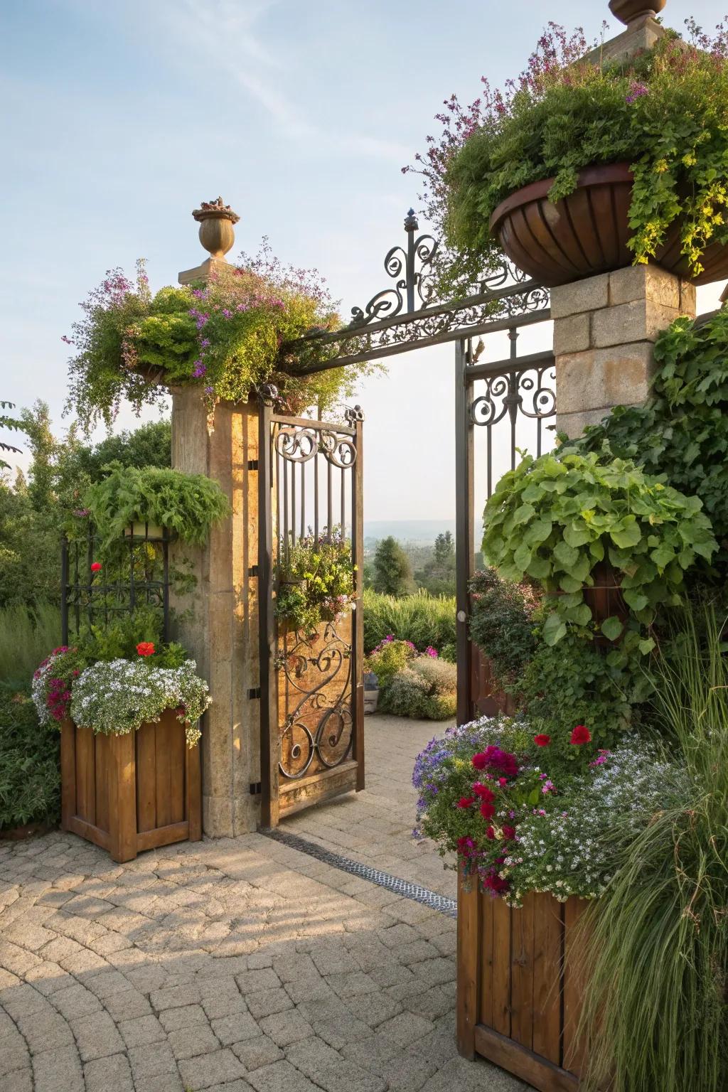 A vertical garden gate that adds greenery and function.