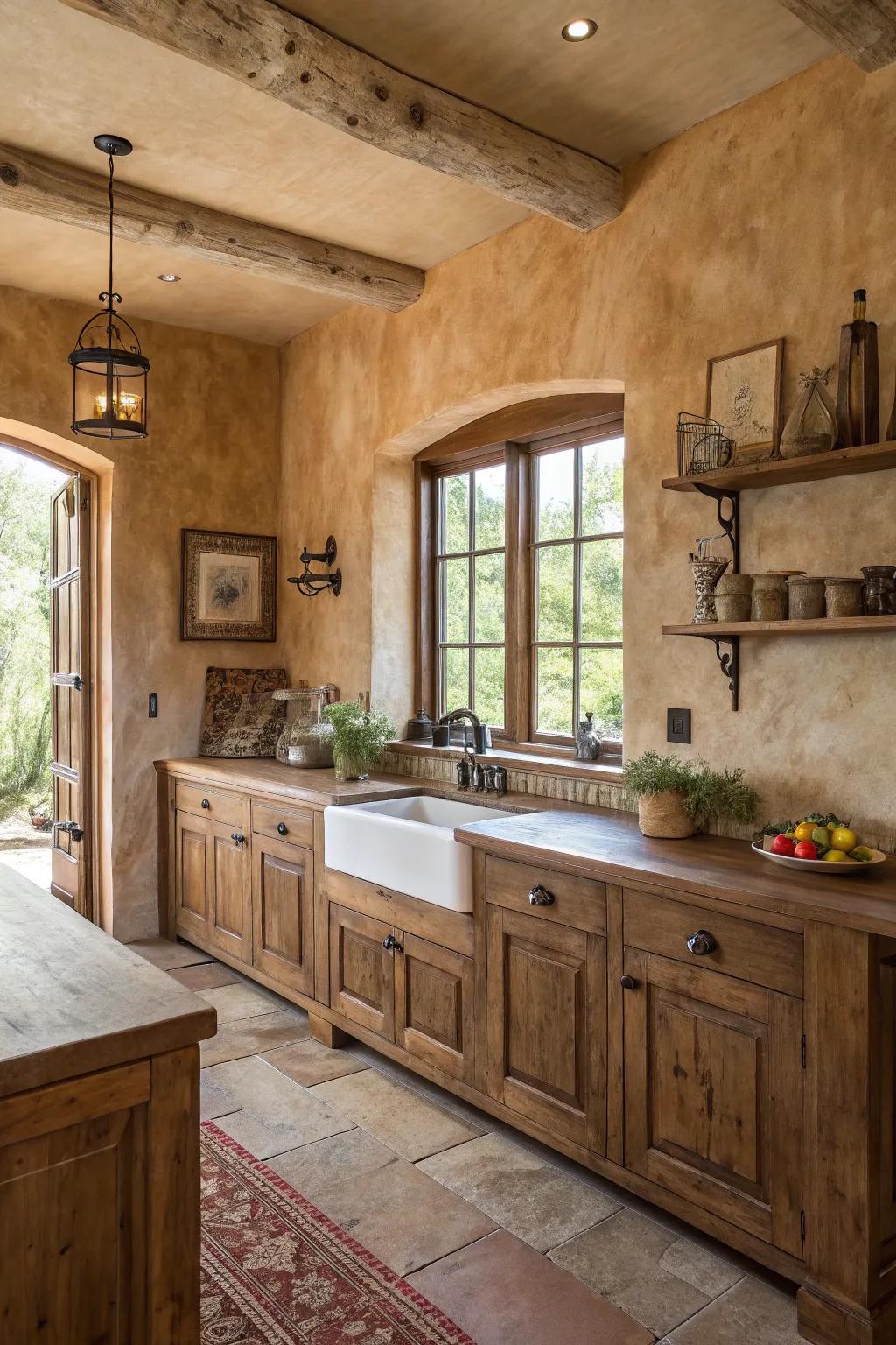 Create a warm, rustic vibe in your kitchen with Venetian plaster.