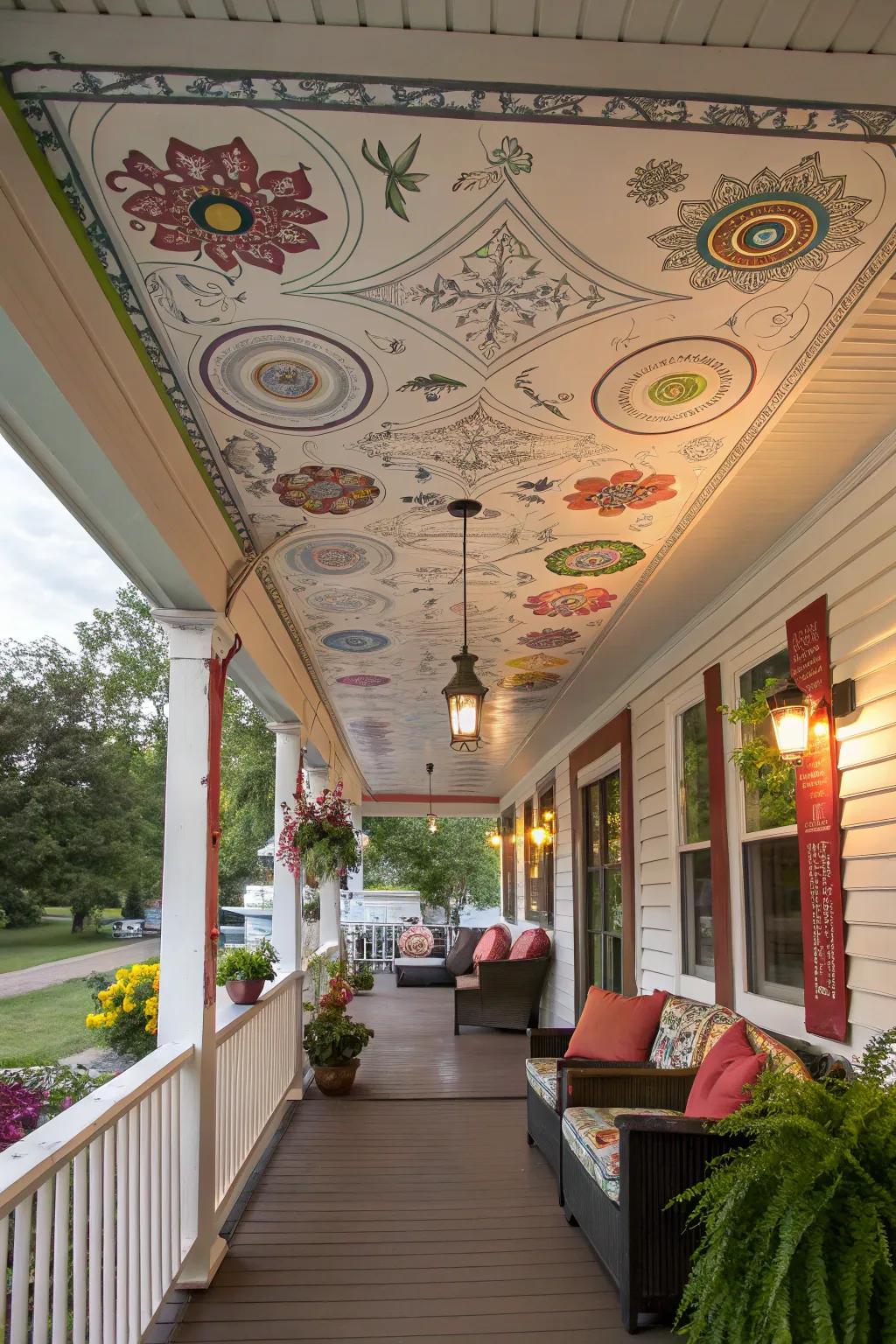 Art on vinyl ceilings transforms your porch into an open-air museum.