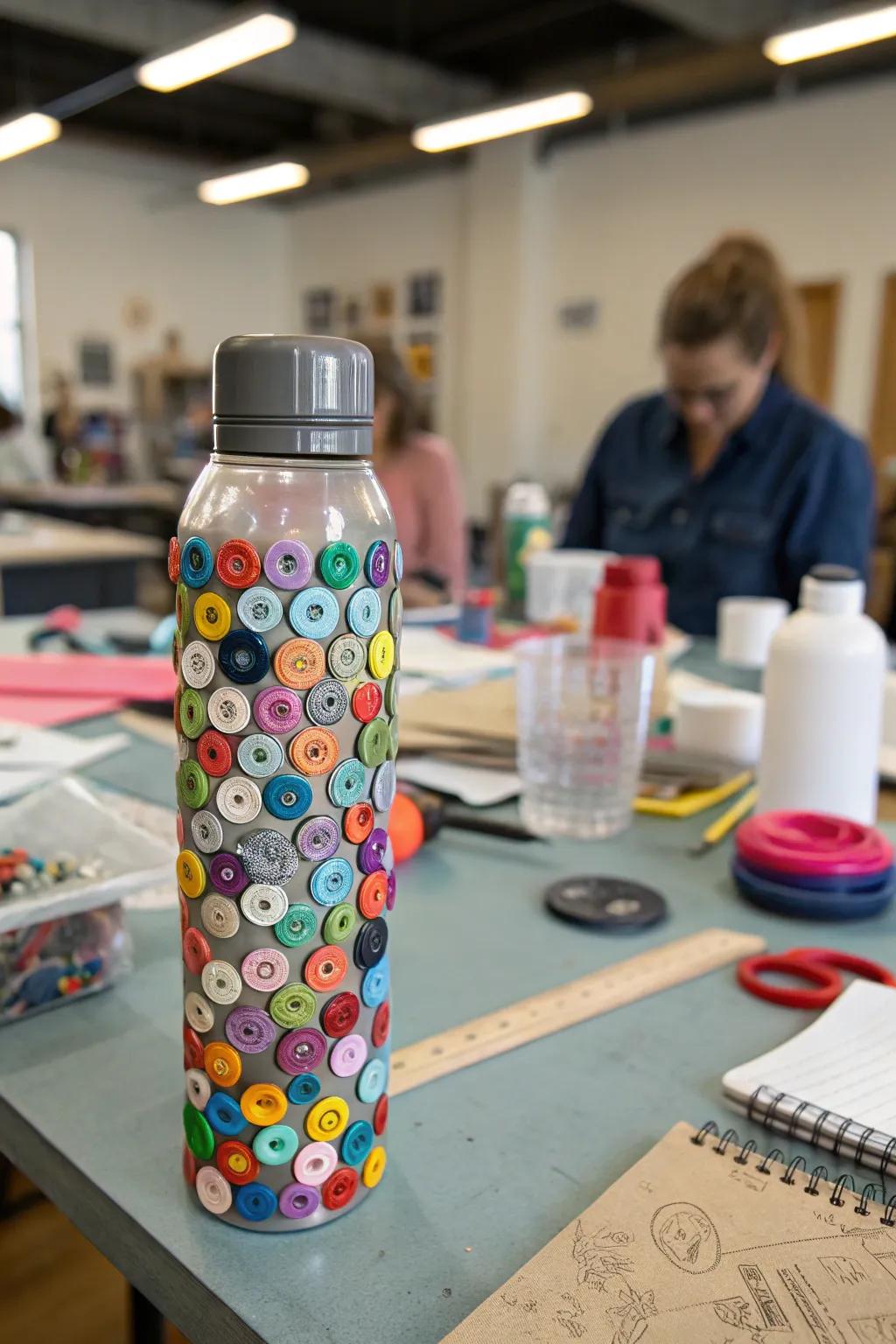 A whimsical water bottle decorated with colorful buttons.