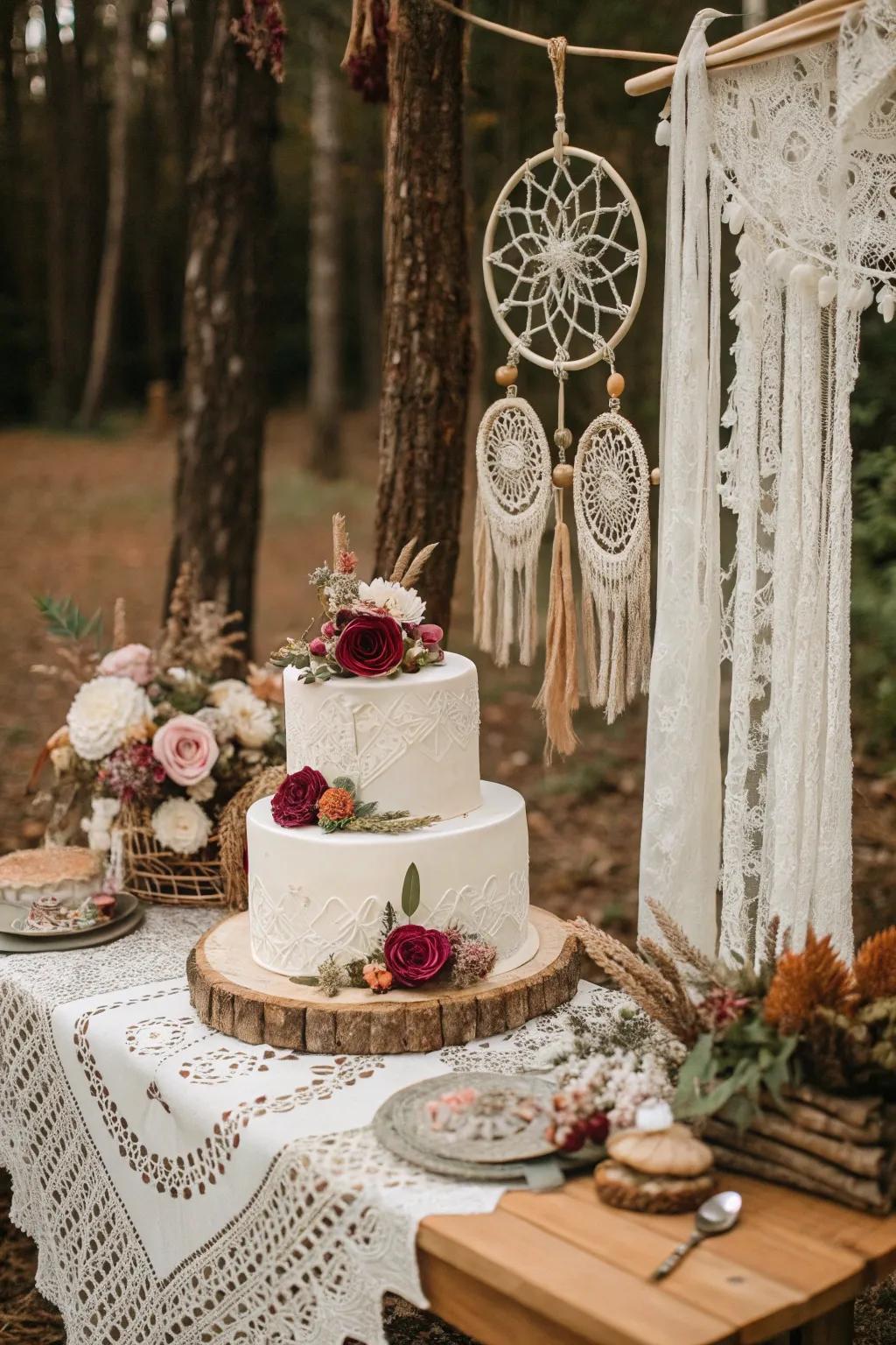 Bohemian elements adding a relaxed vibe to the wedding cake display.