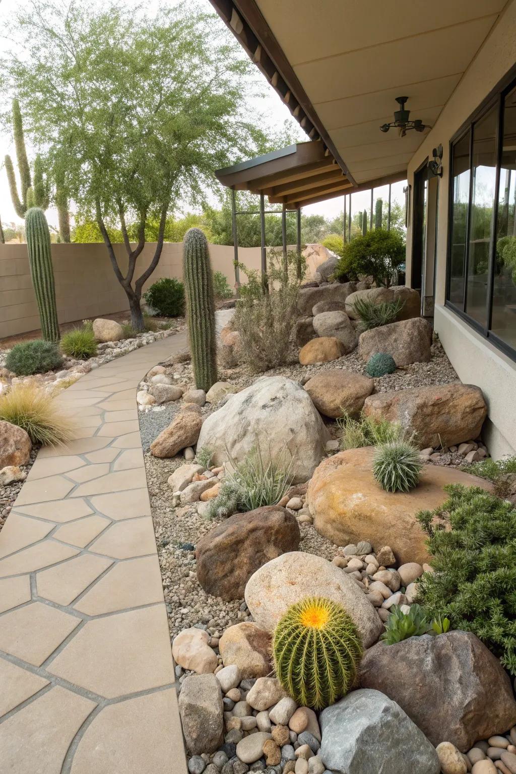 A rock garden injects natural splendor and texture to the patio.