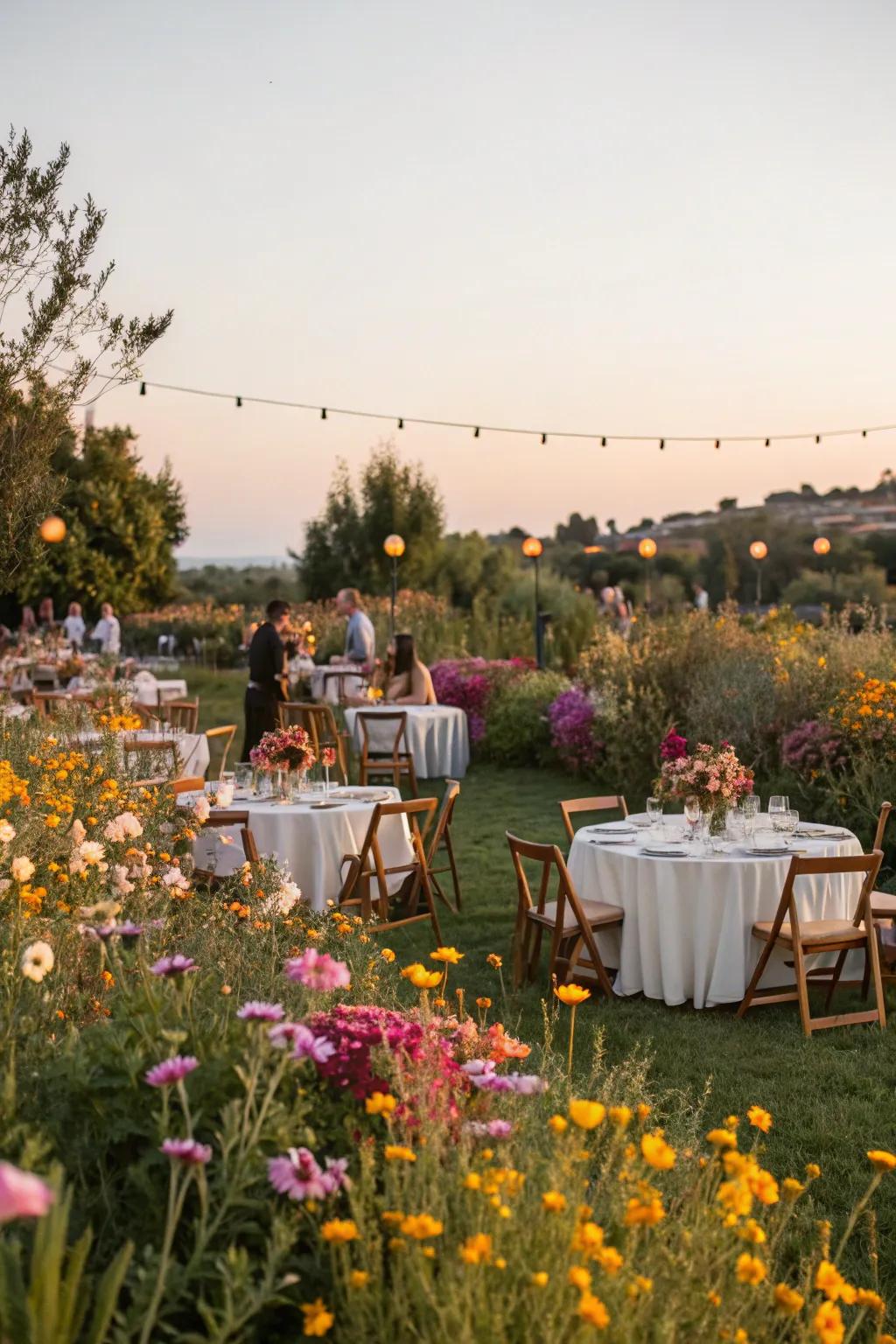 A vibrant garden party surrounded by the beauty of wildflowers.