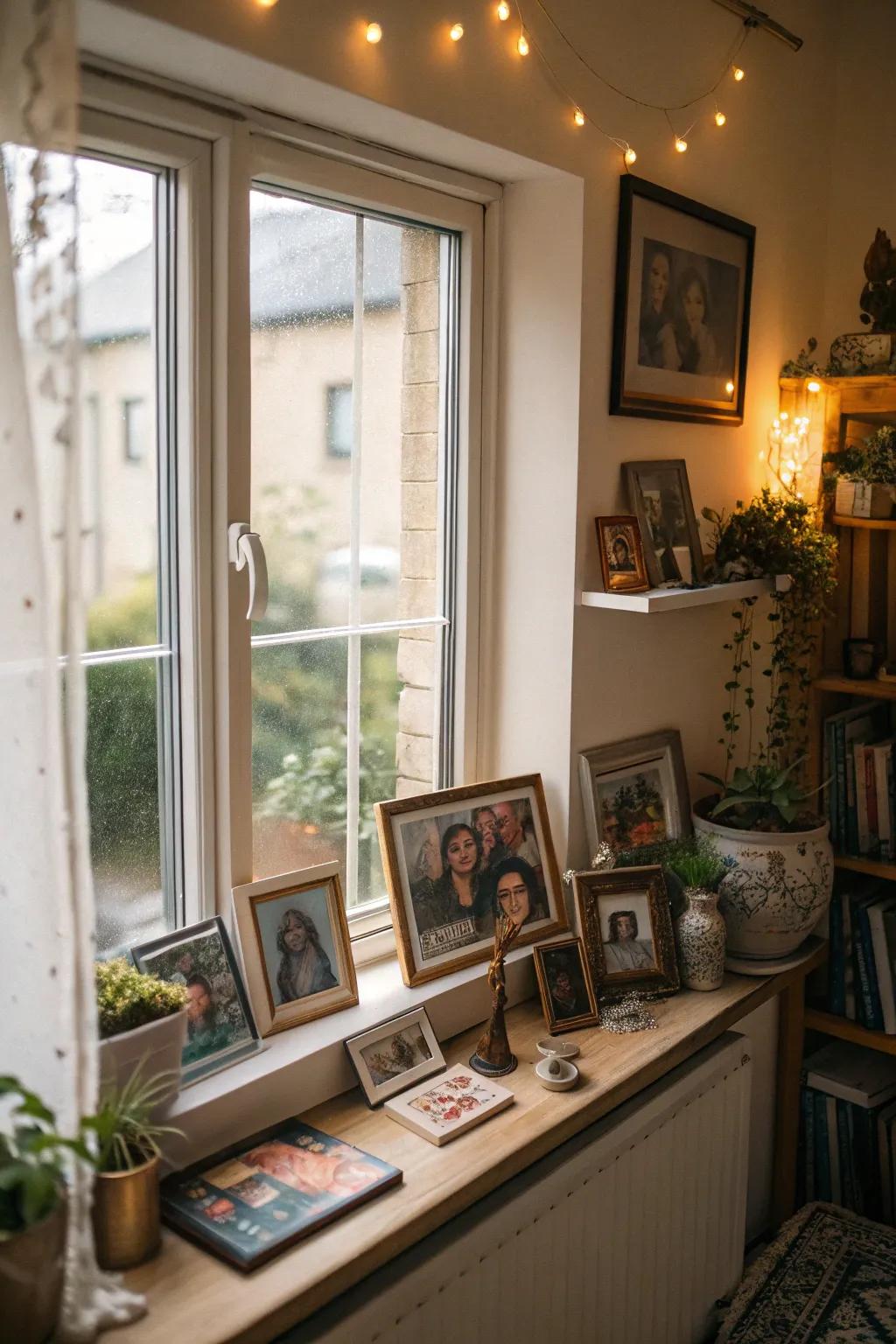 A window nook personalized with photos and keepsakes.