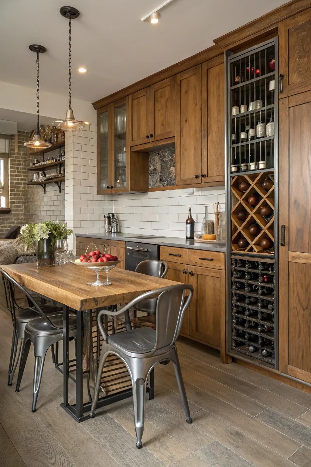 An eclectic mix of materials enriches wine storage with texture.
