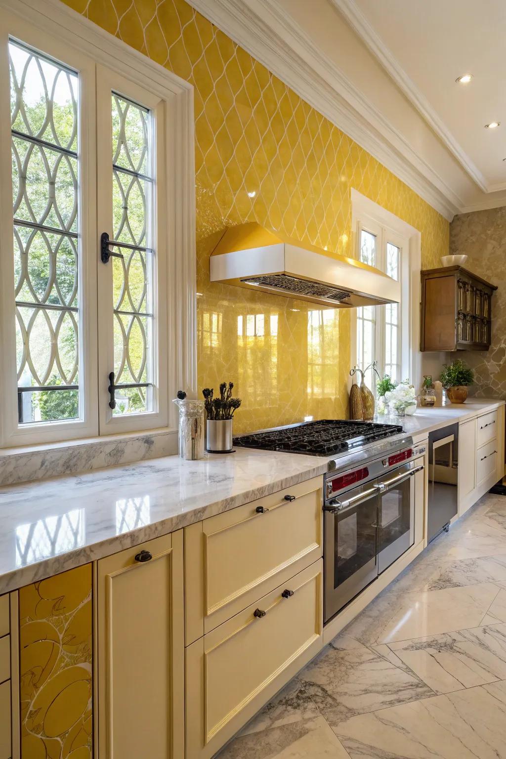 Marble countertops add elegance to the yellow backsplash.