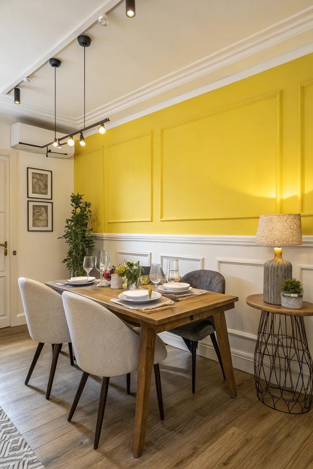 A dining room with a bold yellow accent wall.