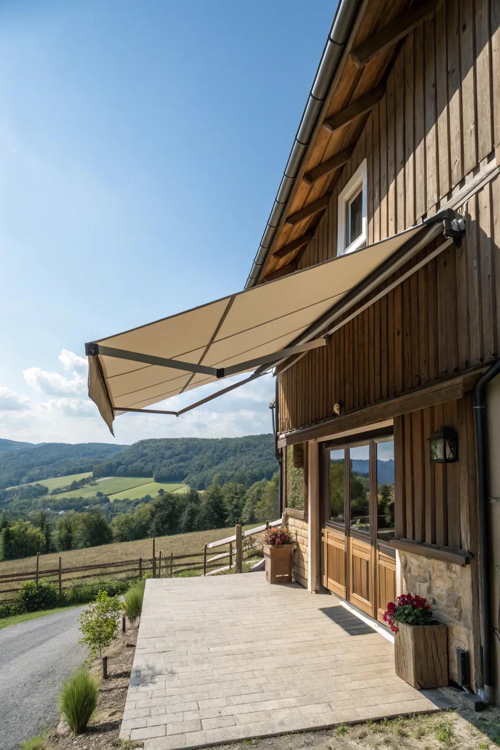 A versatile overhang with a retractable awning for all weather.