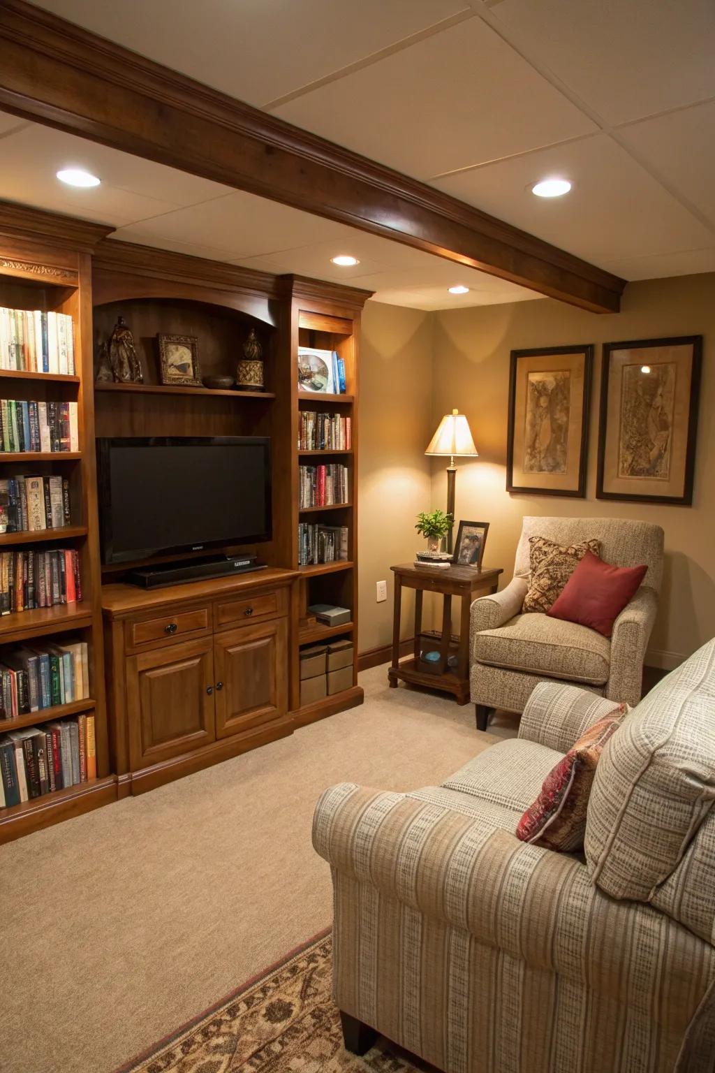 A basement TV room featuring a cozy reading nook with a comfortable chair and bookshelf.