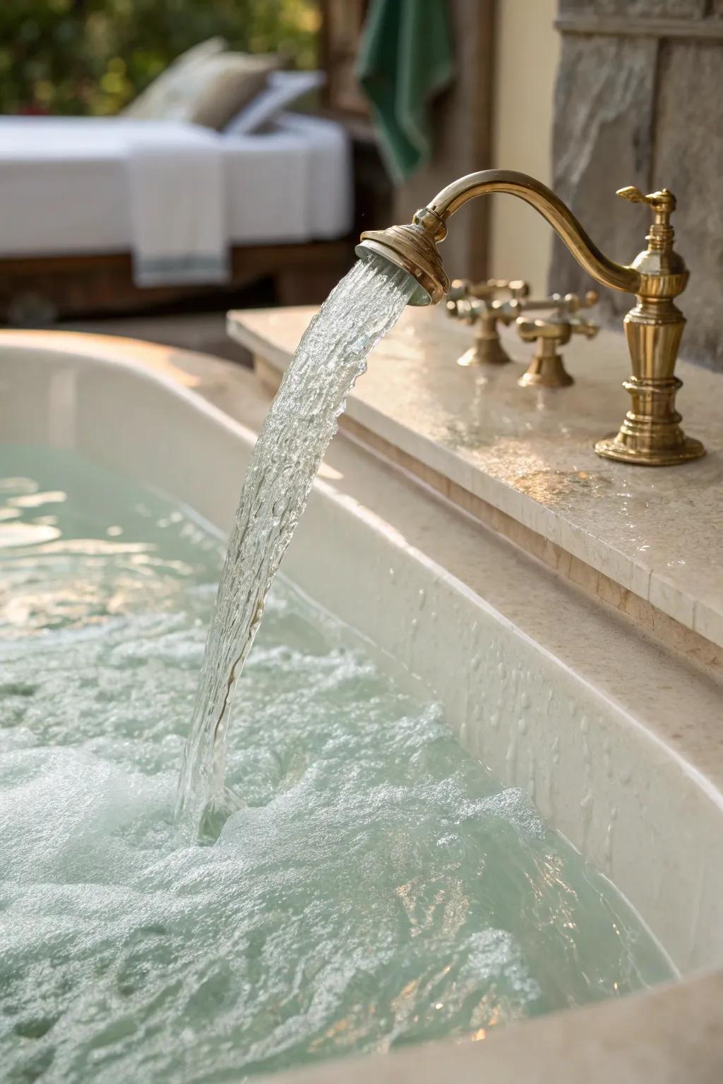 A waterfall faucet adds elegance to this bathtub.